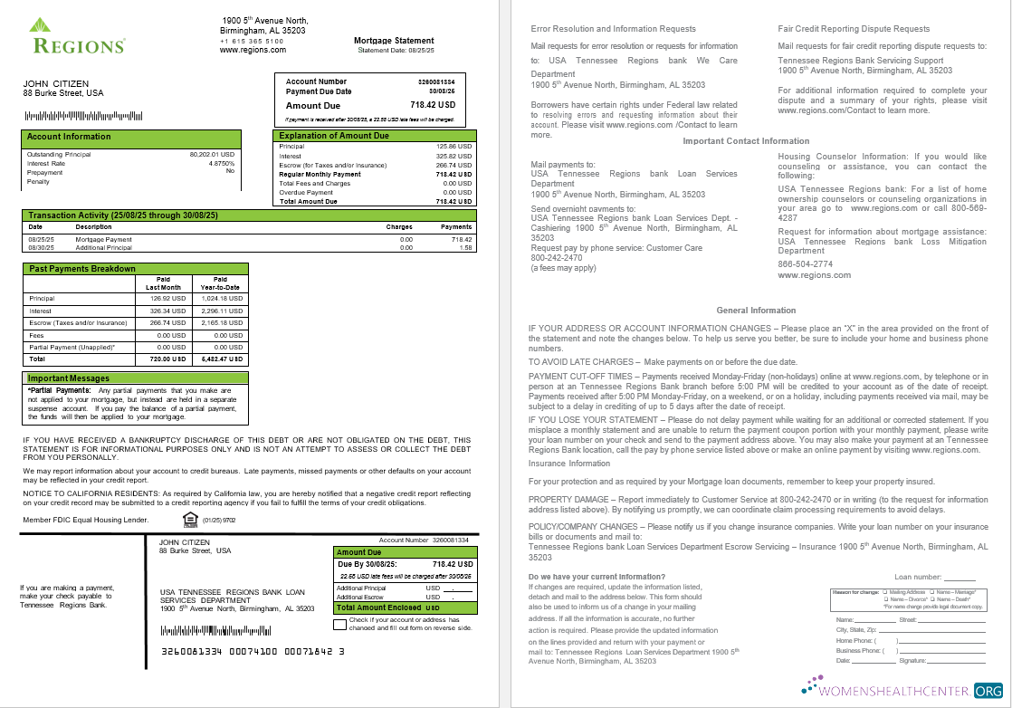 Download USA Tennessee Regions bank mortgage statement in Word and PDF formats Photoshop template